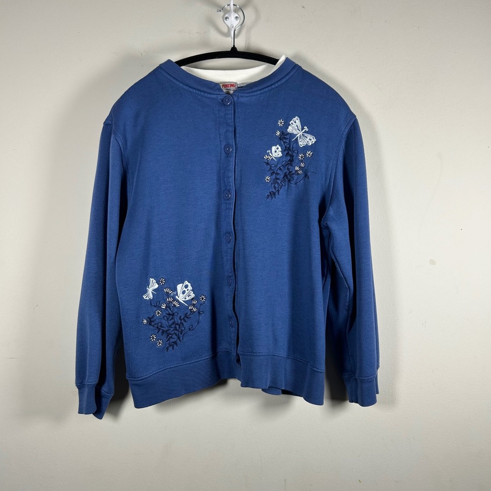 VTG Sporting Club Cardigan Sweatshirt Womens Large Blue 90s Embroidered